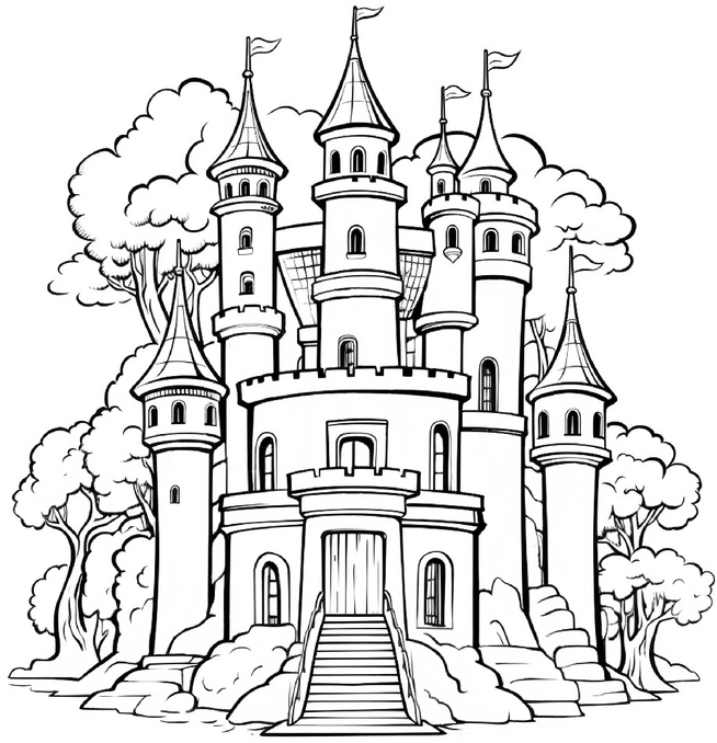 malvorlage-schloss-mit-baeumen-und-tuern