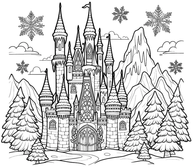 malvorlage-schloss-mit-bergen-und-schnee