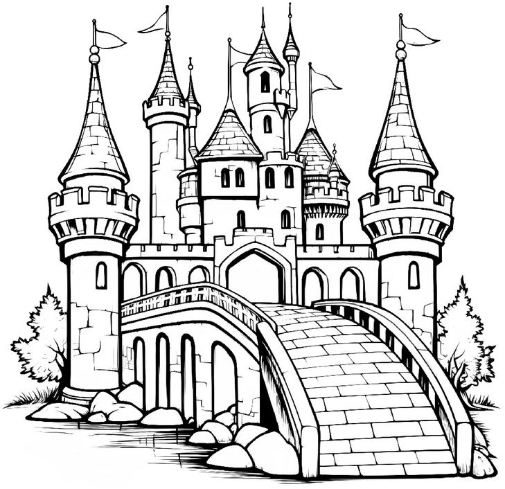 malvorlage-schloss-mit-bruecke-und-tuerme