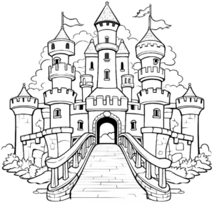 malvorlage-schloss-mit-bruecke-und-wolken