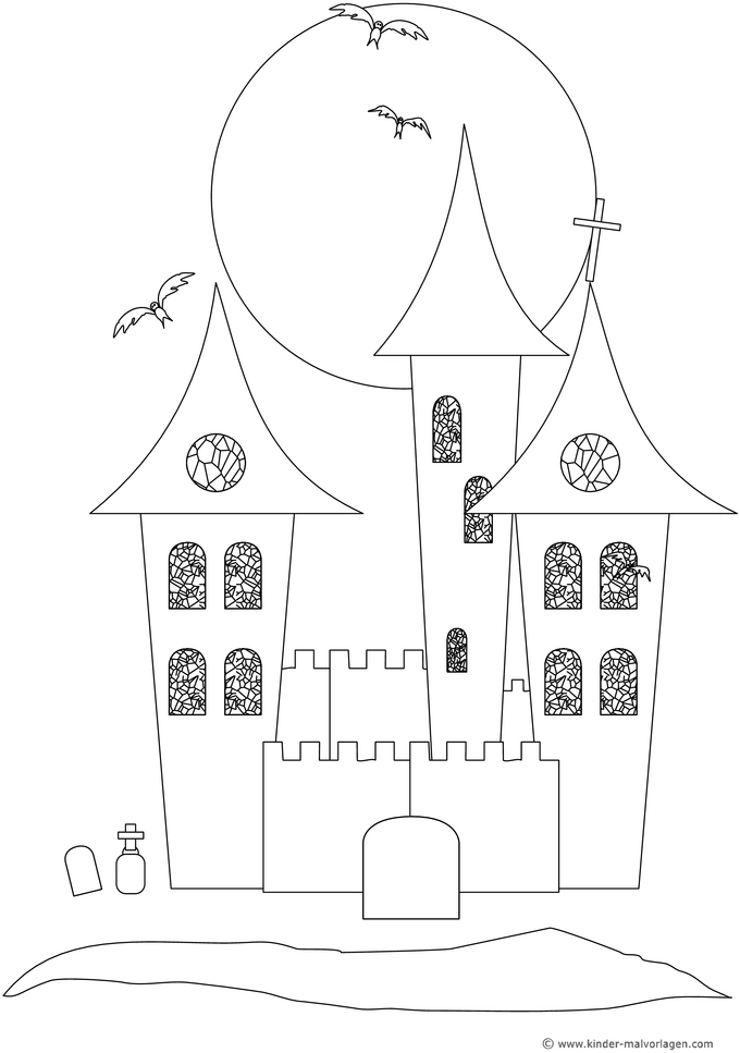 malvorlage-schloss-mit-fledermaeusen-und-mondlicht