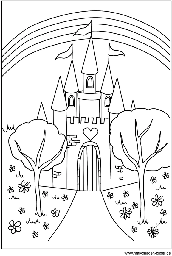 malvorlage-schloss-mit-regenbogen-ausmalen