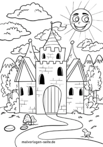malvorlage-schloss-mit-sonne-und-wolken