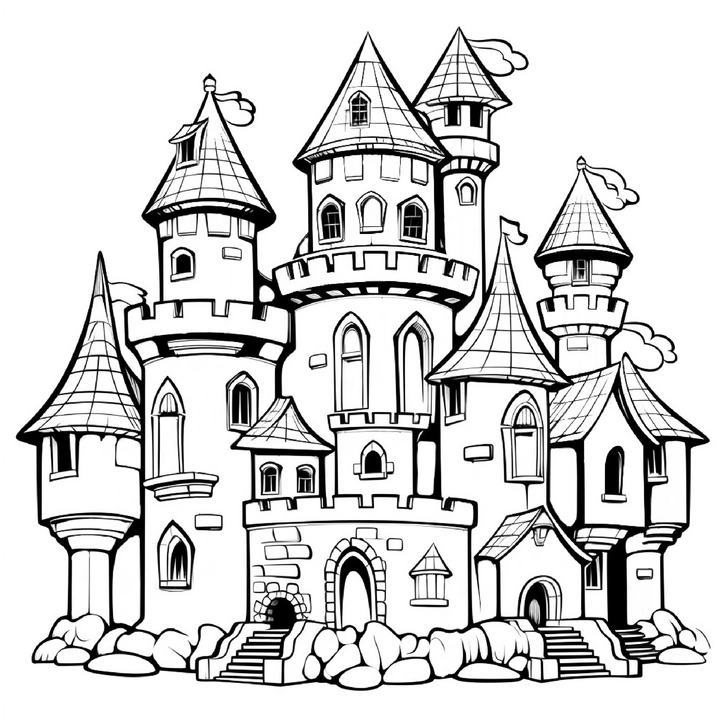 malvorlage-schloss-mit-tuemern-und-daechern