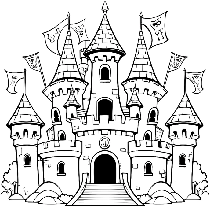 malvorlage-schloss-mit-tuerme-und-fahnen