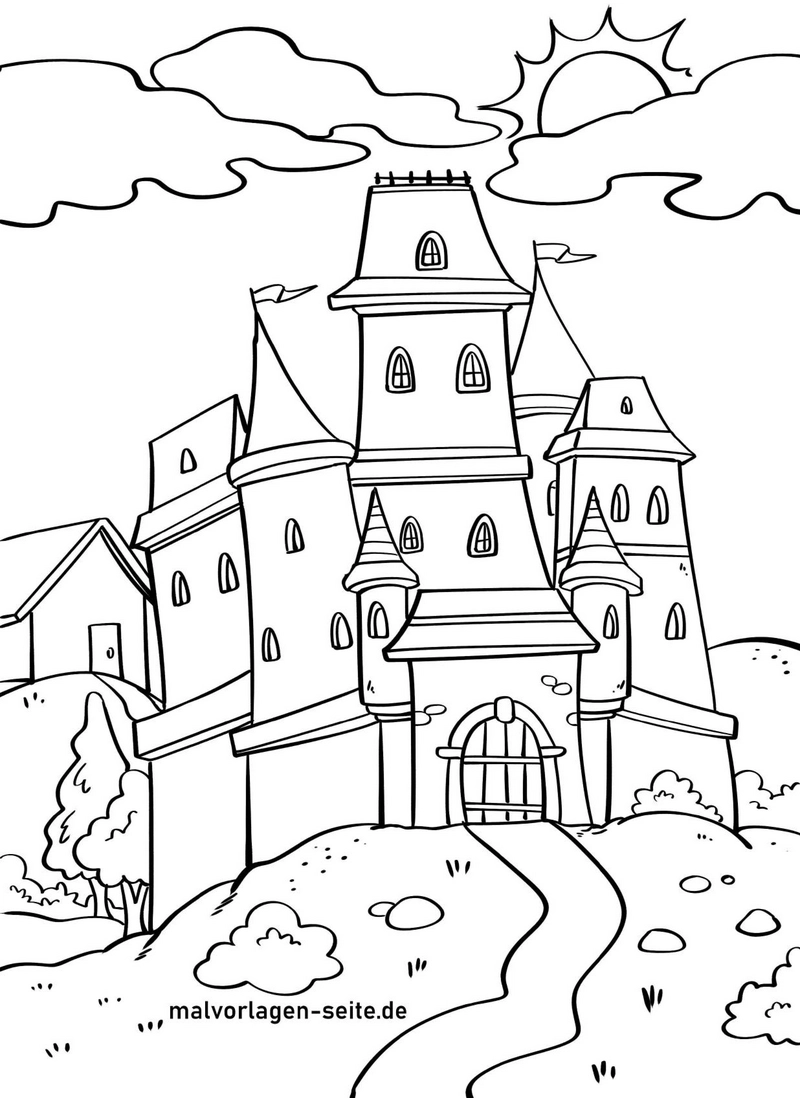 malvorlage-schloss-mit-tuerme-und-umgebung