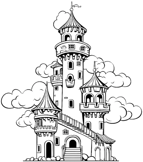 malvorlage-schloss-mit-tuerme-und-wolken