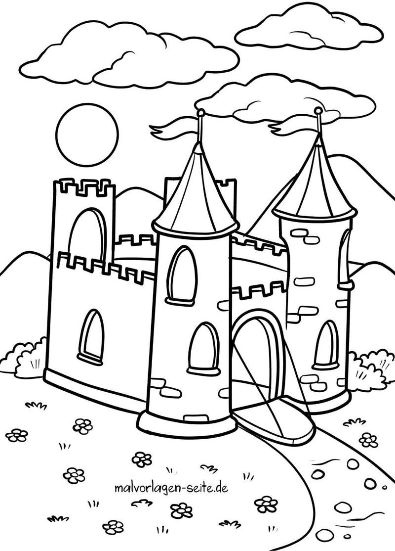 malvorlage-schloss-mit-tuermen-und-landschaft