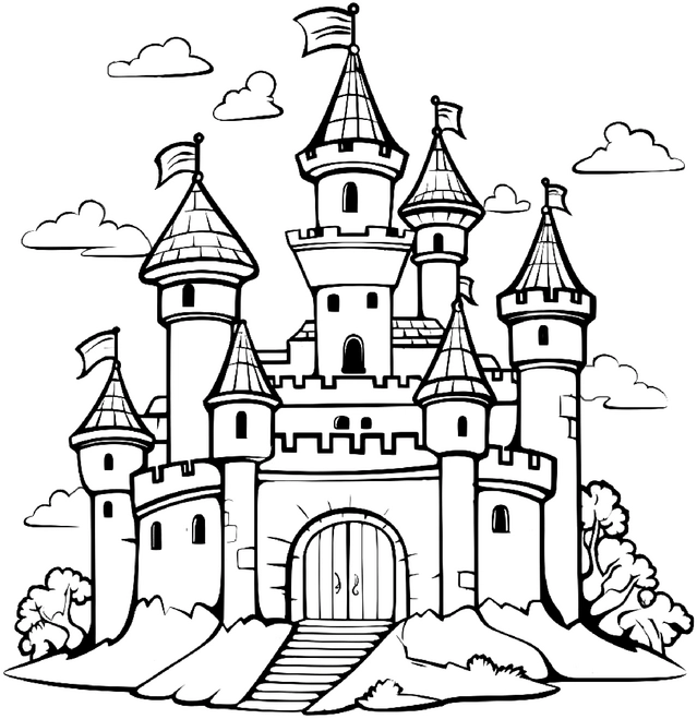 malvorlage-schloss-mit-tuermen-und-wimpeln