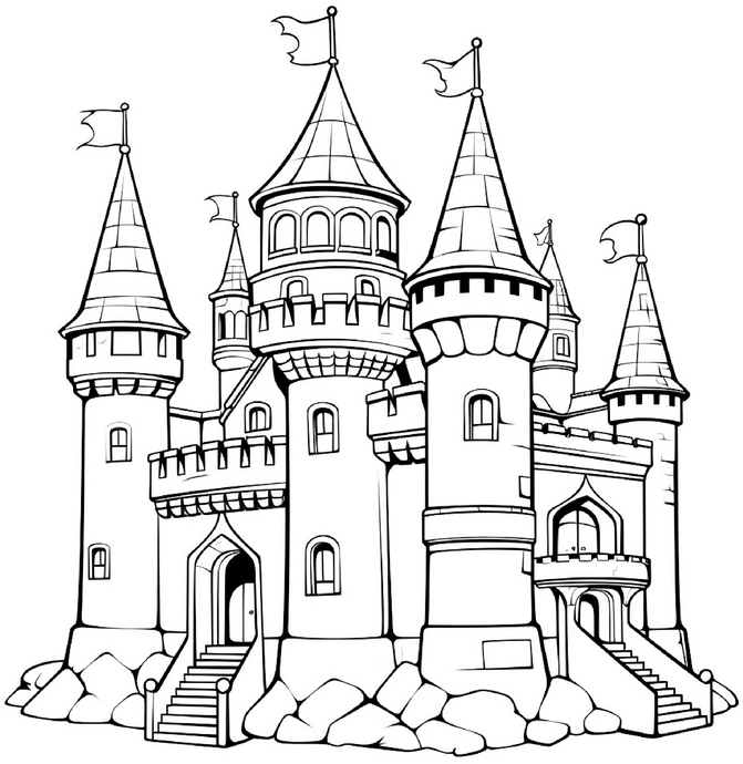 malvorlage-schloss-mit-tuern-und-fahnen