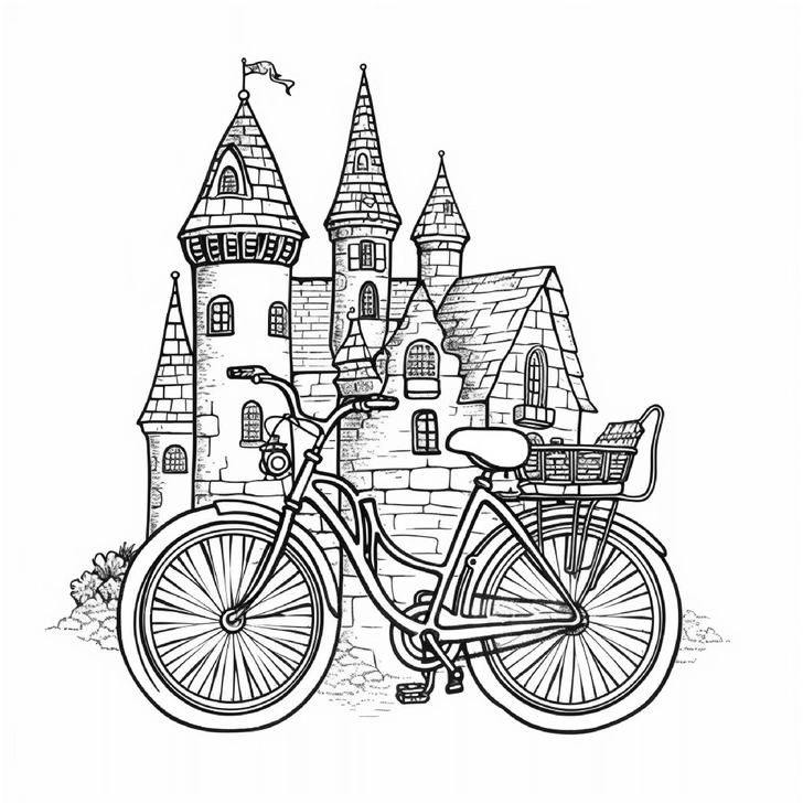 malvorlage-schloss-und-fahrrad-ausmalbild