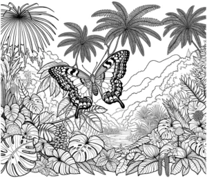 malvorlage-schmetterling-im-dschungel-mit-pflanzen-und-palmen