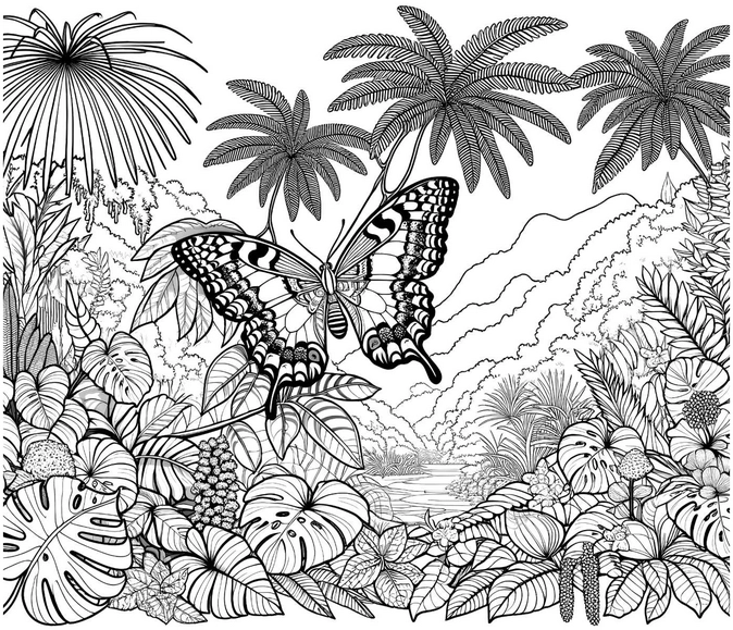 malvorlage-schmetterling-im-dschungel-mit-pflanzen-und-palmen