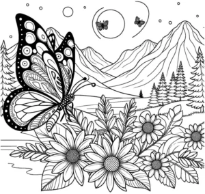 malvorlage-schmetterling-in-der-natur-mit-blumen-und-bergen