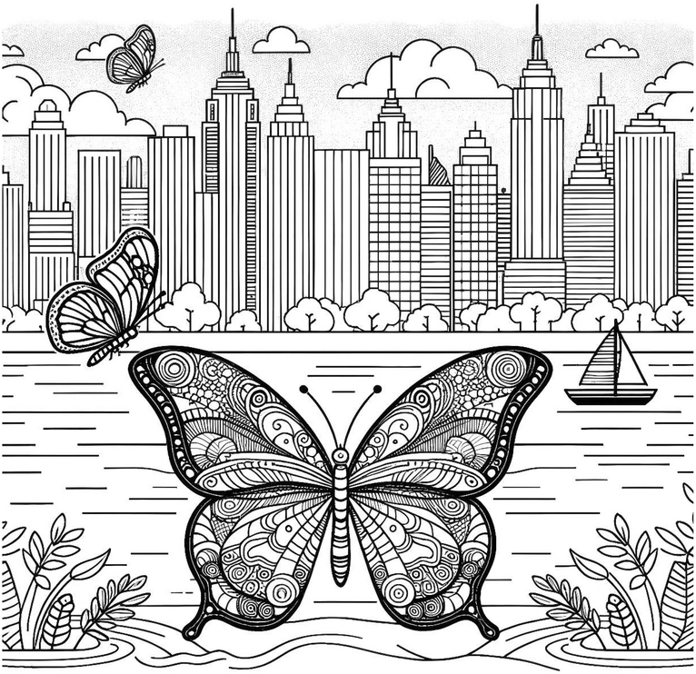 malvorlage-schmetterling-in-der-stadtlandschaft