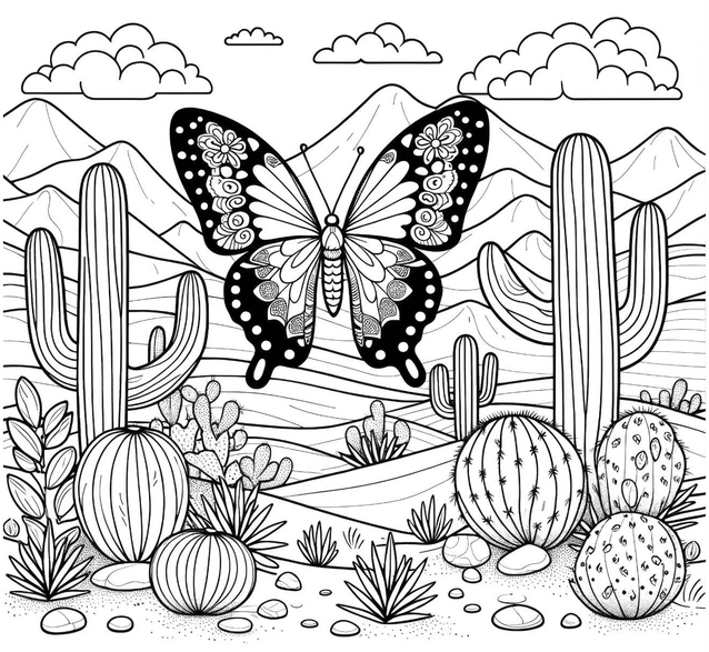 malvorlage-schmetterling-in-der-wuestenlandschaft