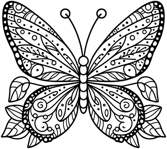 malvorlage-schmetterling-kunstvolle-muster-und-blaetter