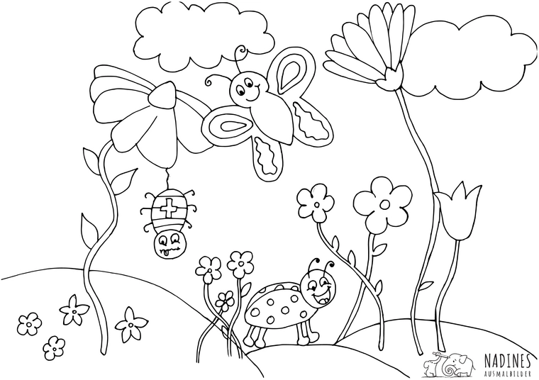 malvorlage-schmetterling-marienkaefer-biene-auf-wiese