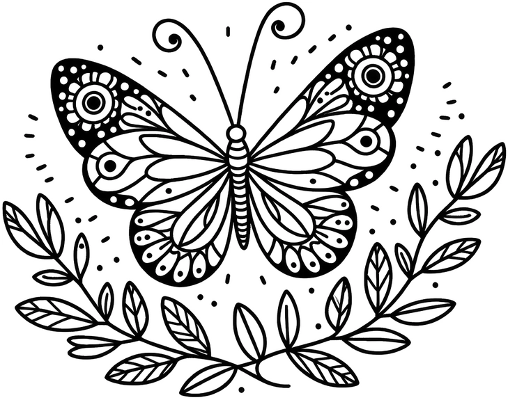malvorlage-schmetterling-mit-pflanzen-und-detailreichen-mustern