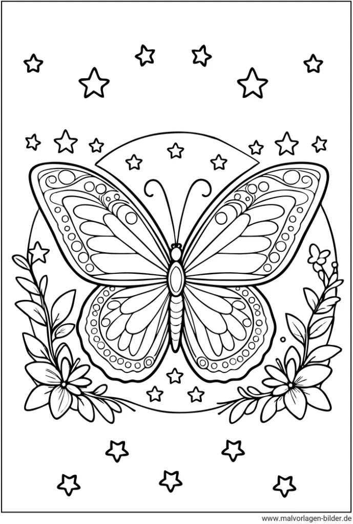 malvorlage-schmetterling-mit-sternen-und-blumen