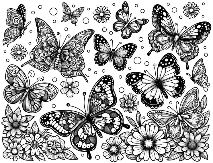 malvorlage-schmetterlinge-blumen-gestalten