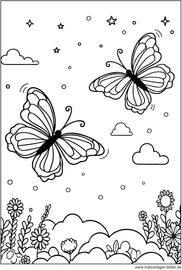 malvorlage-schmetterlinge-ueber-einer-blumenwiese
