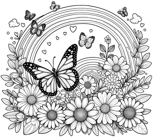 malvorlage-schmetterlinge-und-blumen-mit-regenbogen