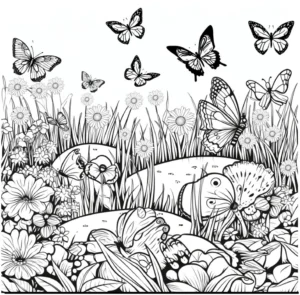 malvorlage-schmetterlingsgarten-mit-blumen-und-insekten