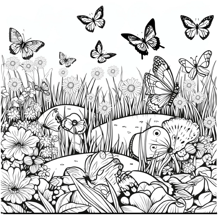 malvorlage-schmetterlingsgarten-mit-blumen-und-insekten