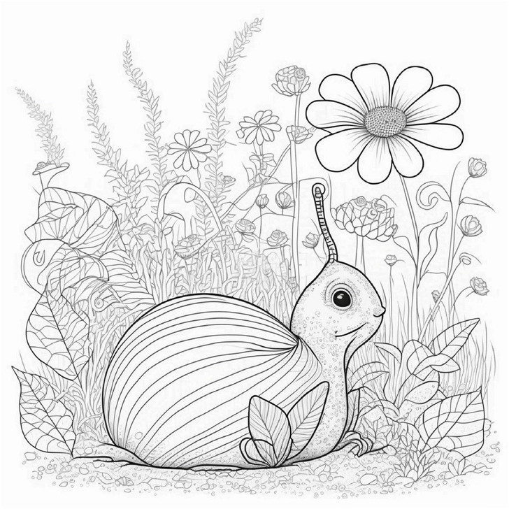 malvorlage-schnecke-in-bluender-pflanzenlandschaft