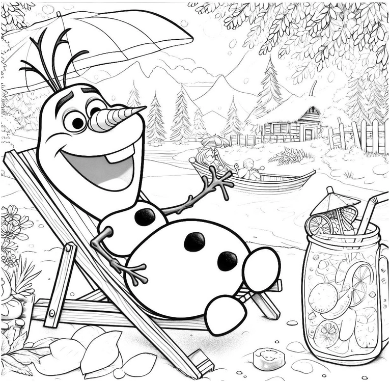 malvorlage-schneefigur-am-strand-mit-buntem-getraenk