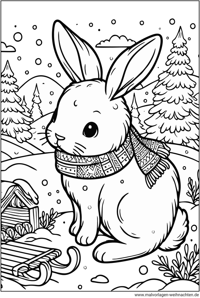 malvorlage-schneehase-in-winterlandschaft