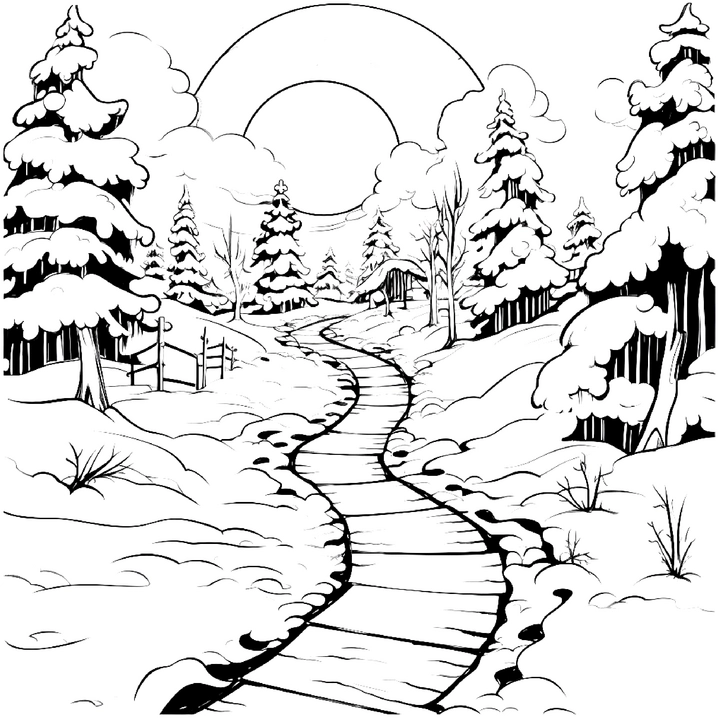 malvorlage-schneelandschaft-mit-tannen-und-weg