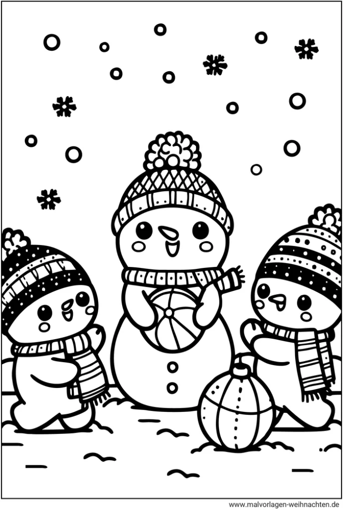 malvorlage-schneemaenner-im-schnee-ausmalbild