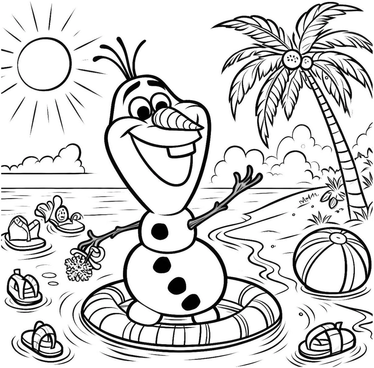 malvorlage-schneemann-am-strand-mit-palmen-und-sonne