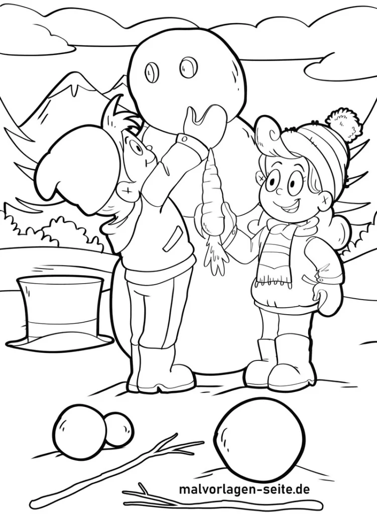 malvorlage-schneemann-bauen-mit-kindern-in-winterlicher-umgebung