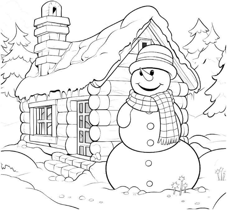 malvorlage-schneemann-holzhütte-winter