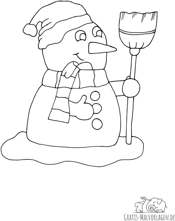 malvorlage-schneemann-im-schnee-mit-besen-und-schal