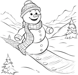 malvorlage-schneemann-im-winter-mit-bergen-und-tannenbaeumen