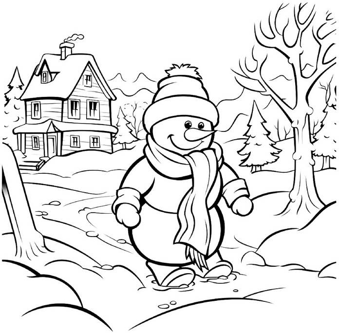 malvorlage-schneemann-im-winter-mit-haus-und-baeumen
