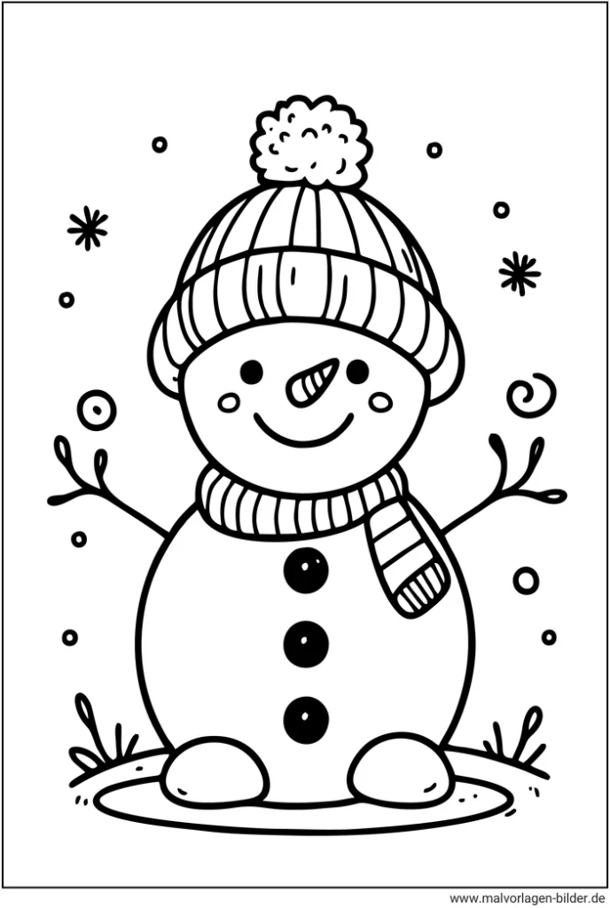 malvorlage-schneemann-im-winter-mit-muetze-und-schal