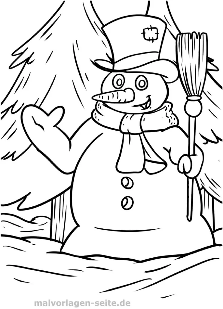 malvorlage-schneemann-im-winter-mit-nadelbaeumen