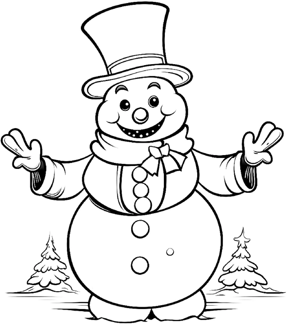 malvorlage-schneemann-im-winter-mit-tannenbaeumen