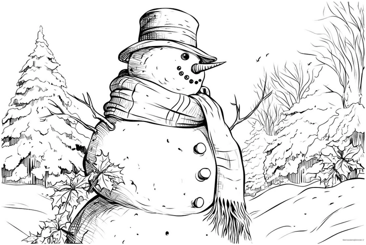 malvorlage-schneemann-im-winterwald