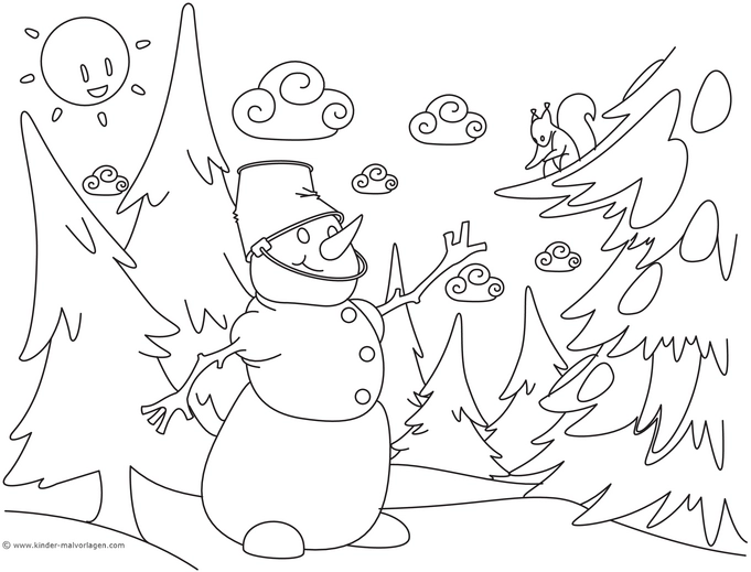 malvorlage-schneemann-in-winterlandschaft