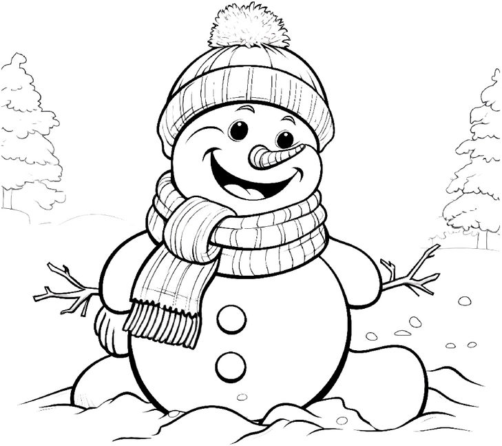 malvorlage-schneemann-in-winterlandschaft-mit-karottennase
