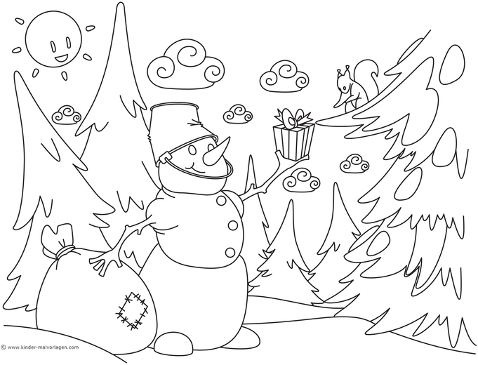 malvorlage-schneemann-mit-geschenk-und-winterlandschaft