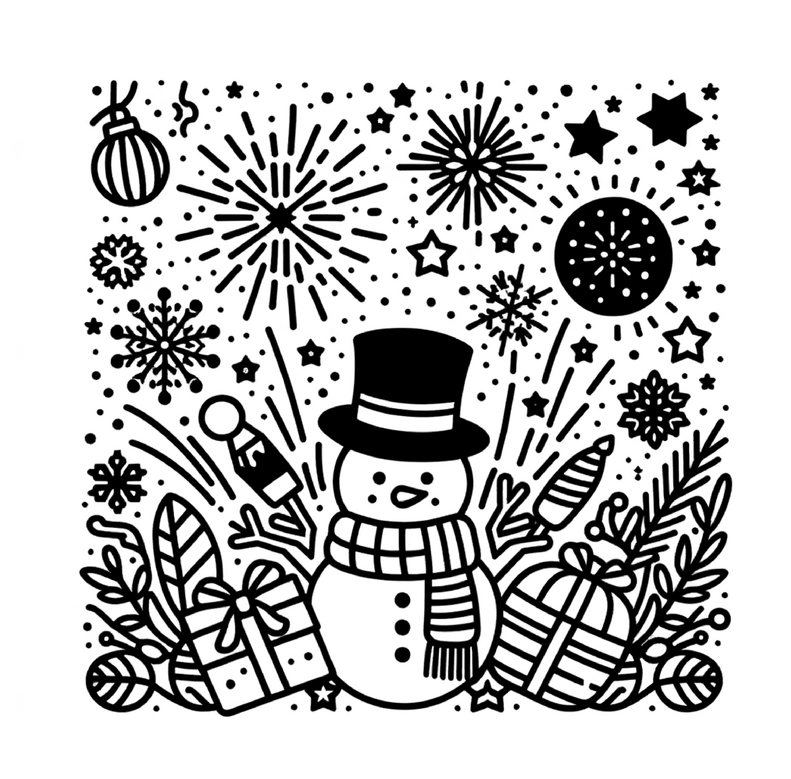 malvorlage-schneemann-mit-geschenken-und-feuerwerk