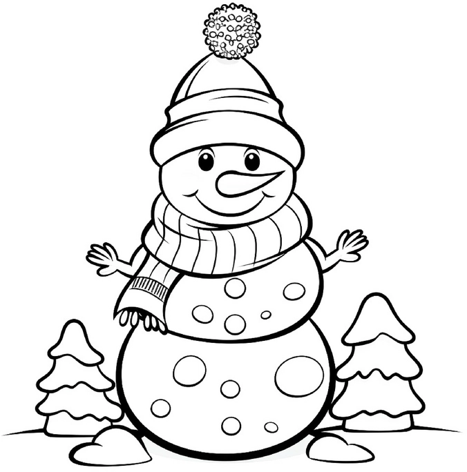 malvorlage-schneemann-mit-schal-und-tannenbaeumen