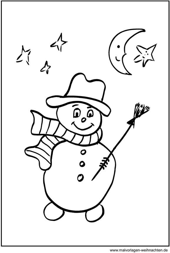 malvorlage-schneemann-mit-sternen-und-mond